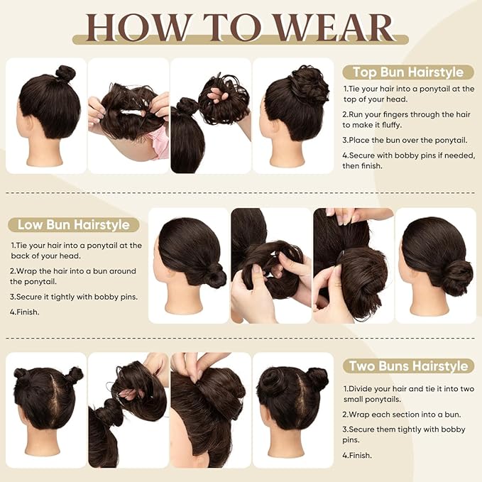 Step-by-step guide on how to wear different hairstyles including top bun, low bun, and two buns.