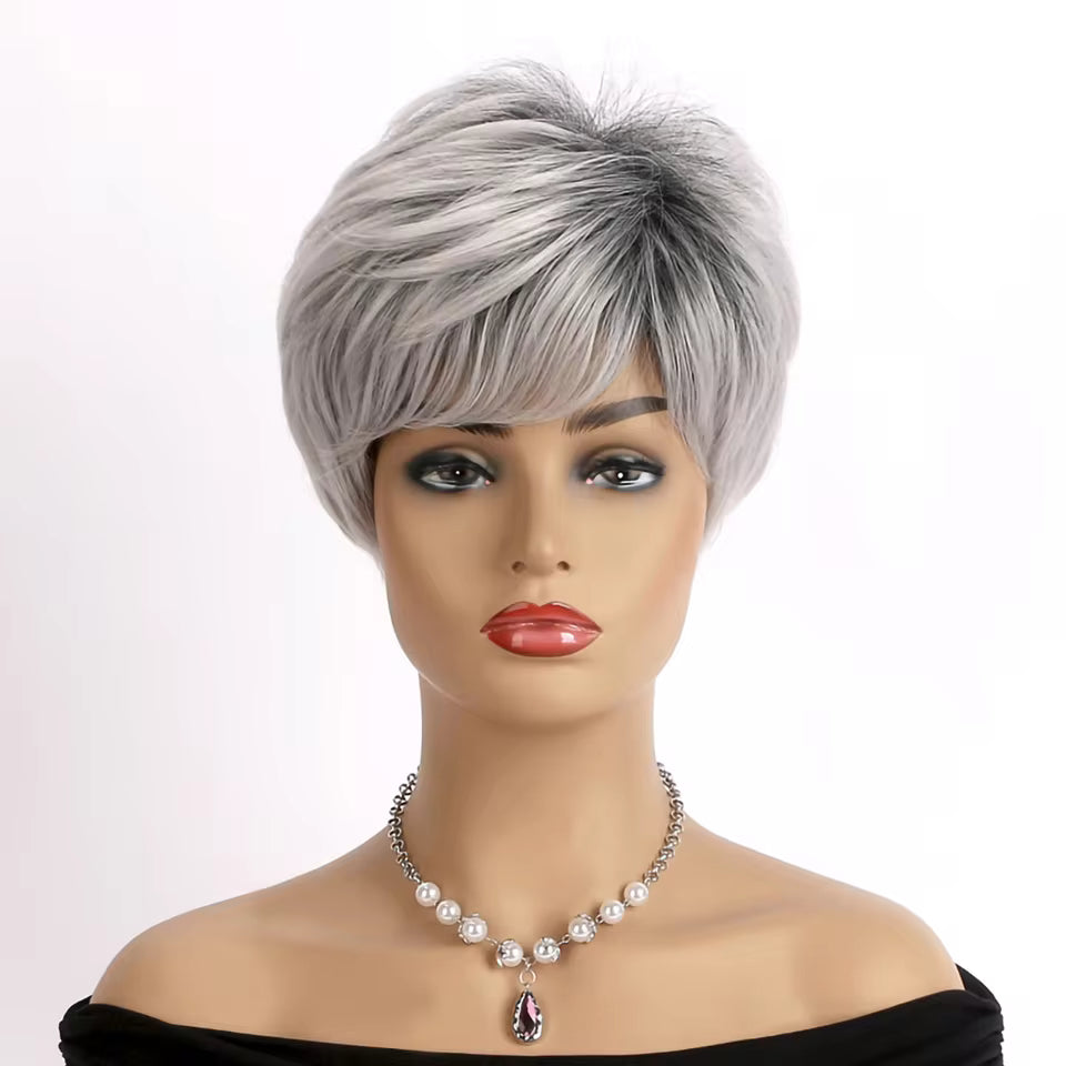Zebaish Short Silver And Grey Wig With Bangs