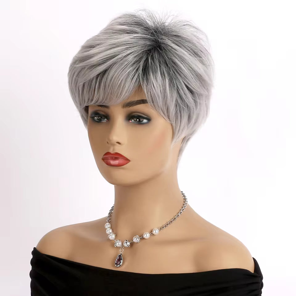 Zebaish Short Silver And Grey Wig With Bangs