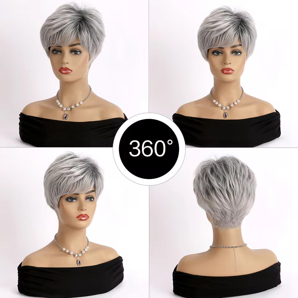 Zebaish Short Silver And Grey Wig With Bangs