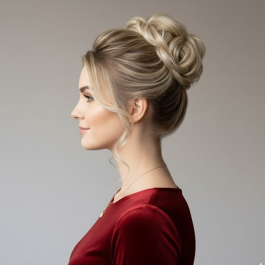 Woman with styled hair in an updo wearing a red top against a neutral background