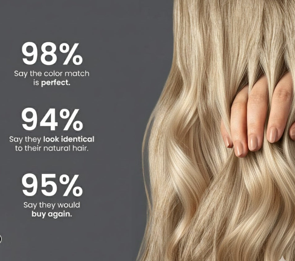 Blonde hair with a hand holding it, statistics on color match and customer satisfaction.