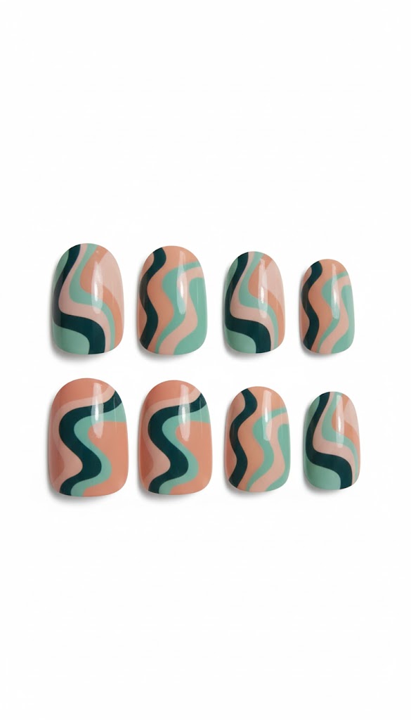 Peach & Teal Fake Press On Nail (with glue) Shiny False Nails Elegant Glass Nail Art | Zebaish Wigs & Extensions