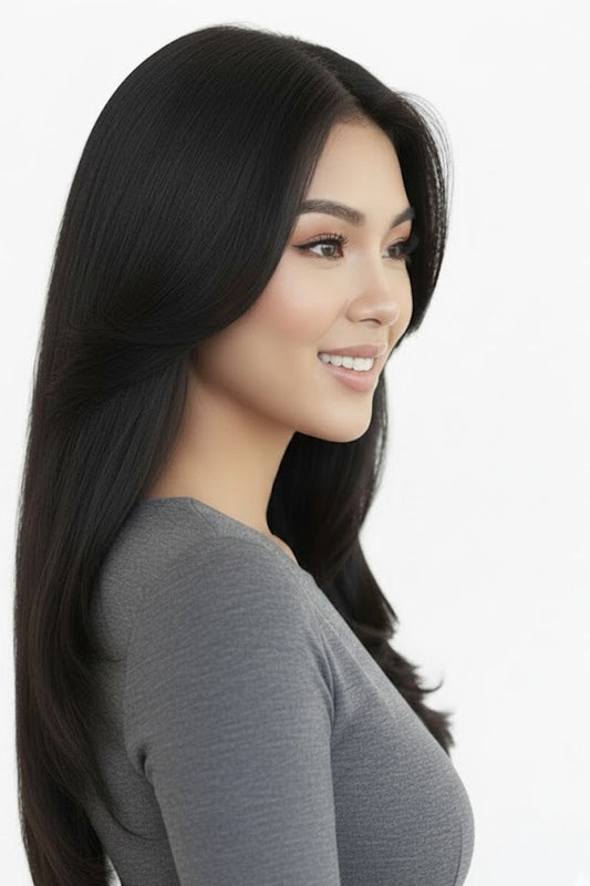 Woman with long black hair wearing a gray top on a white background