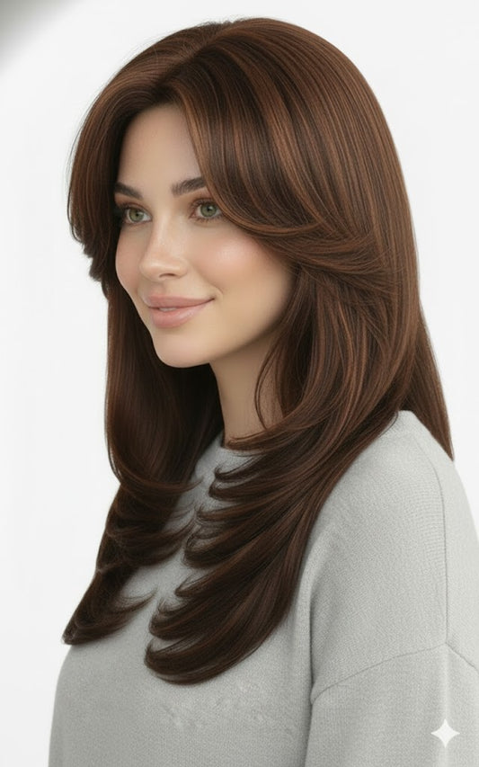 Woman with long brown hair on a white background