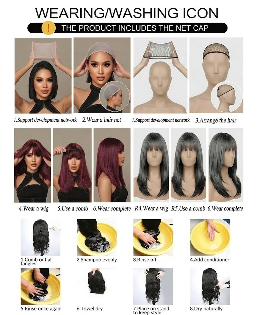 Step-by-step guide on how to wear and wash a wig with images and text instructions.