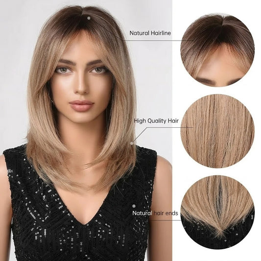 Woman with styled hair and close-up details of hair quality and natural hairline.