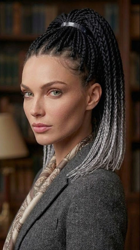 Cabello de ganchillo pre-bucle con cola de caballo en espiral, de negro a gris degradado con puntas rizadas | Pelucas y extensiones Zebaish