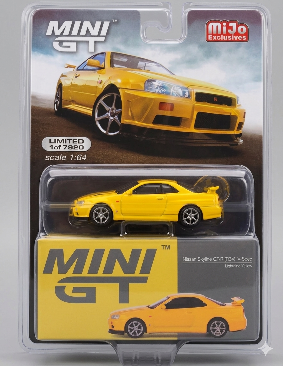 MINI GT Nissan Skyline GT-R R34 V-Spec Amarillo Relámpago Mijo Exclusivo 1:64 762