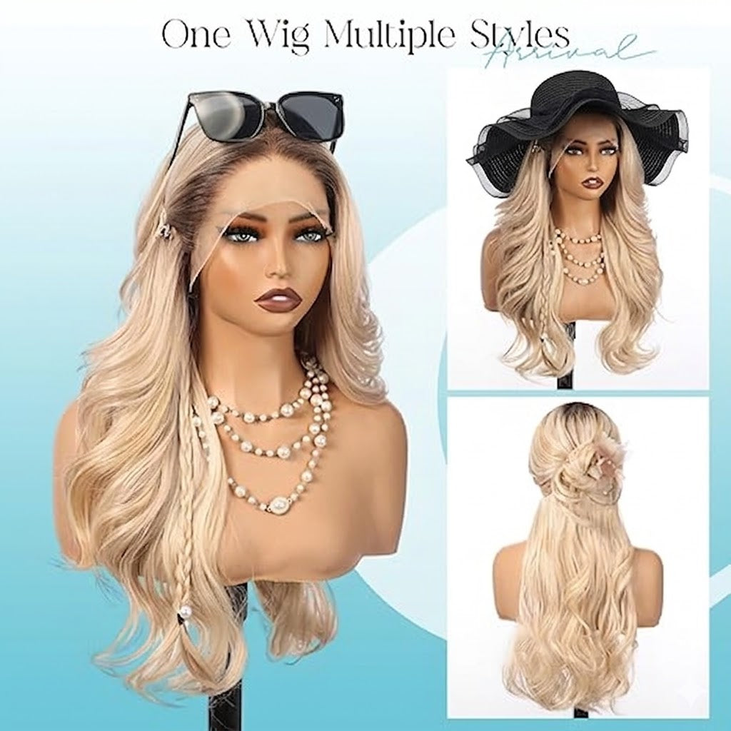 Blonde wig styled with sunglasses and a hat on a mannequin head, with additional styling options shown.