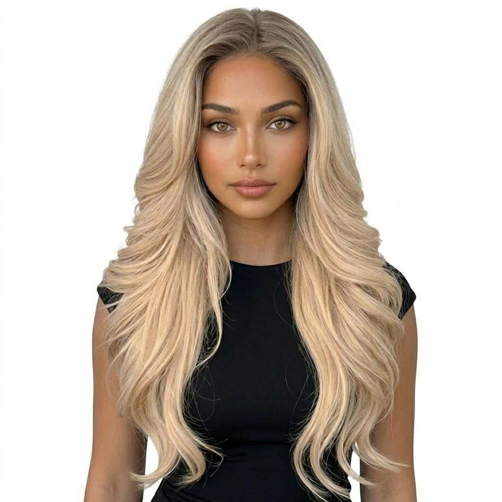 Woman with long blonde hair on a white background