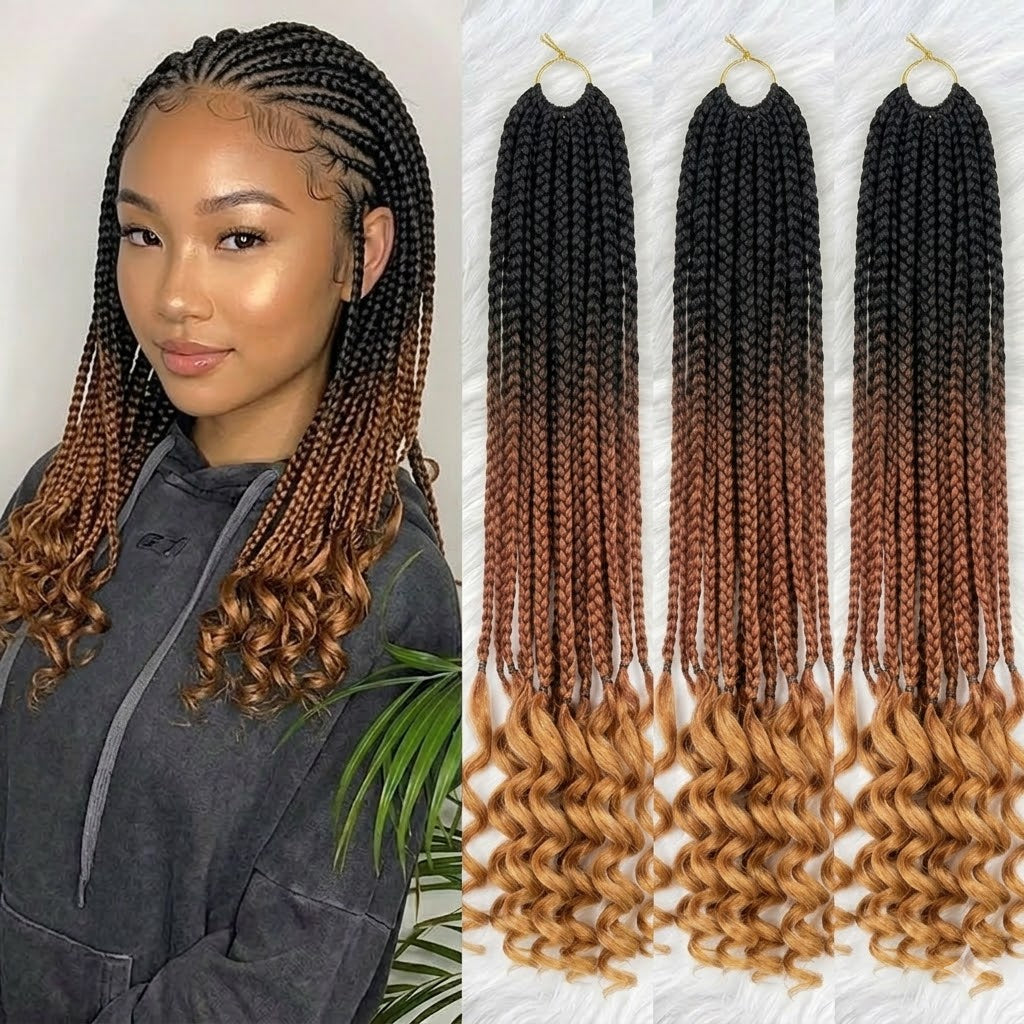 24" Trenzas de Ganchillo Ombre Goddess Box con Pelo Ondulado y Rizos en las Puntas Pre-enganchadas para Extensiones de Cabello Sintético 3-Tonos Mixtos | Zebaish Wigs & Extensions