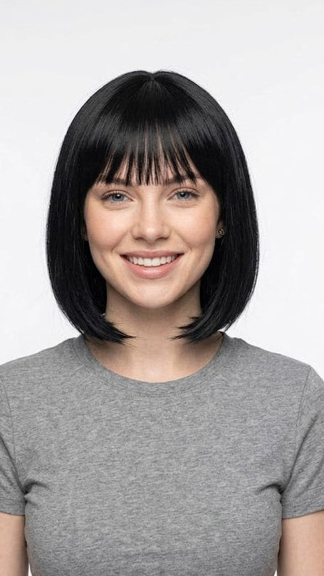 Peluca corta bob negra con flequillo | Peluca sintética recta sin pegamento de 14 pulgadas | Zebaish Wigs & Extension