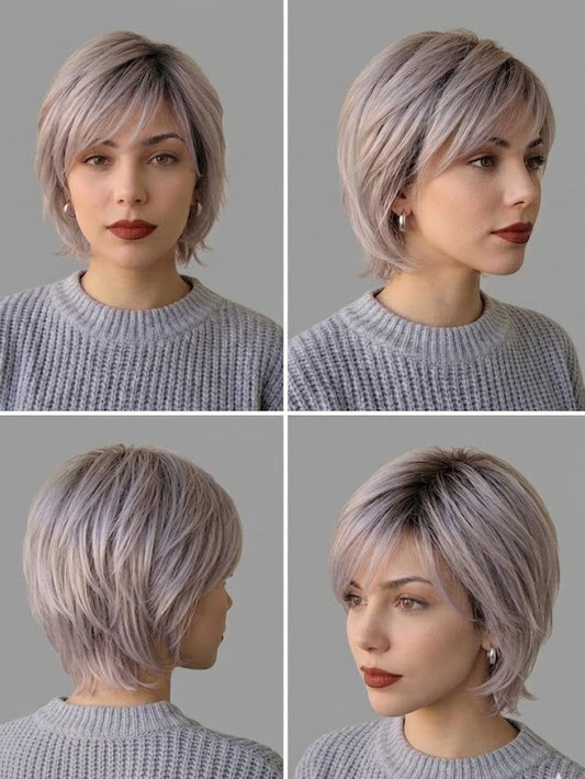Four views of a person with a styled haircut on a gray background