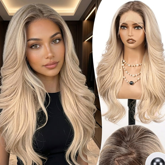 Blonde wig displayed on a mannequin head with close-up views.