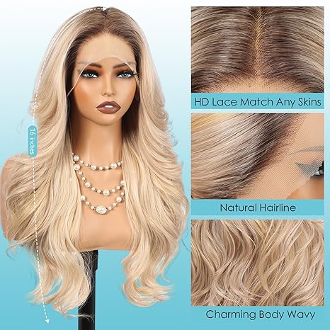 Blonde wig on a mannequin head with close-up details on a blue background
