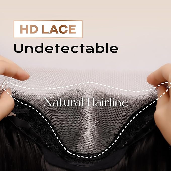 Close-up of HD lace material with text highlighting 'Undetectable' and 'Natural Hairline'.