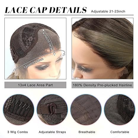 Lace cap wig details with adjustable straps, breathable material, and pre-plucked hairline on a mannequin head.