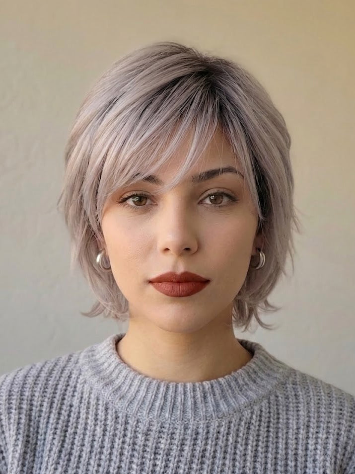 Person with short, light-colored hair wearing a gray sweater against a neutral background