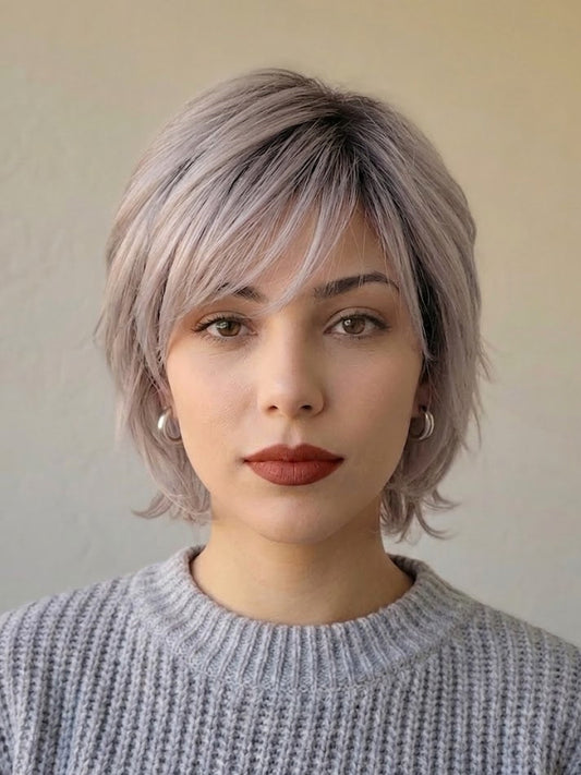Person with short, light-colored hair wearing a gray sweater against a neutral background