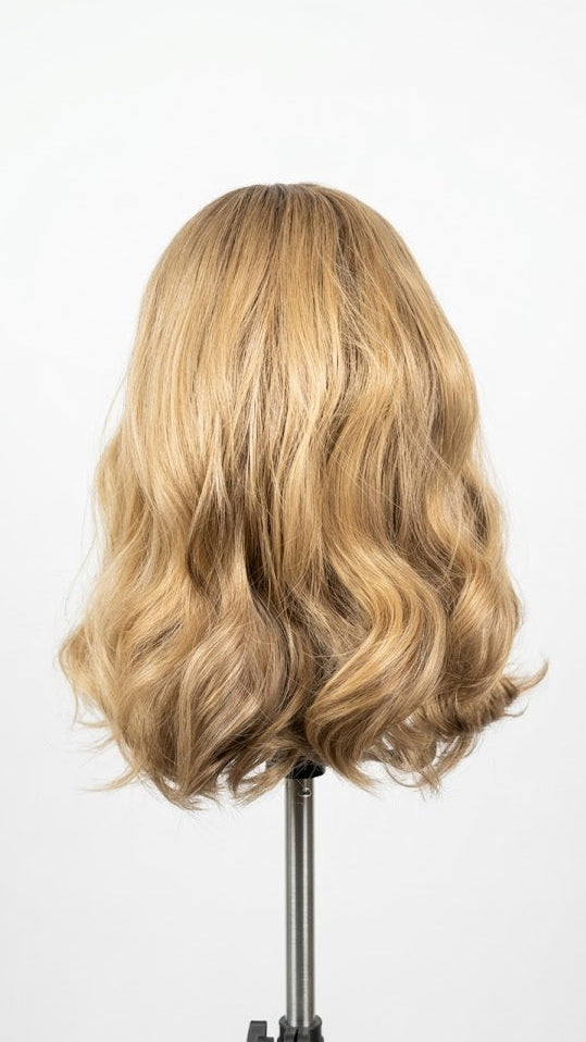 Blonde wig on a mannequin head with a white background
