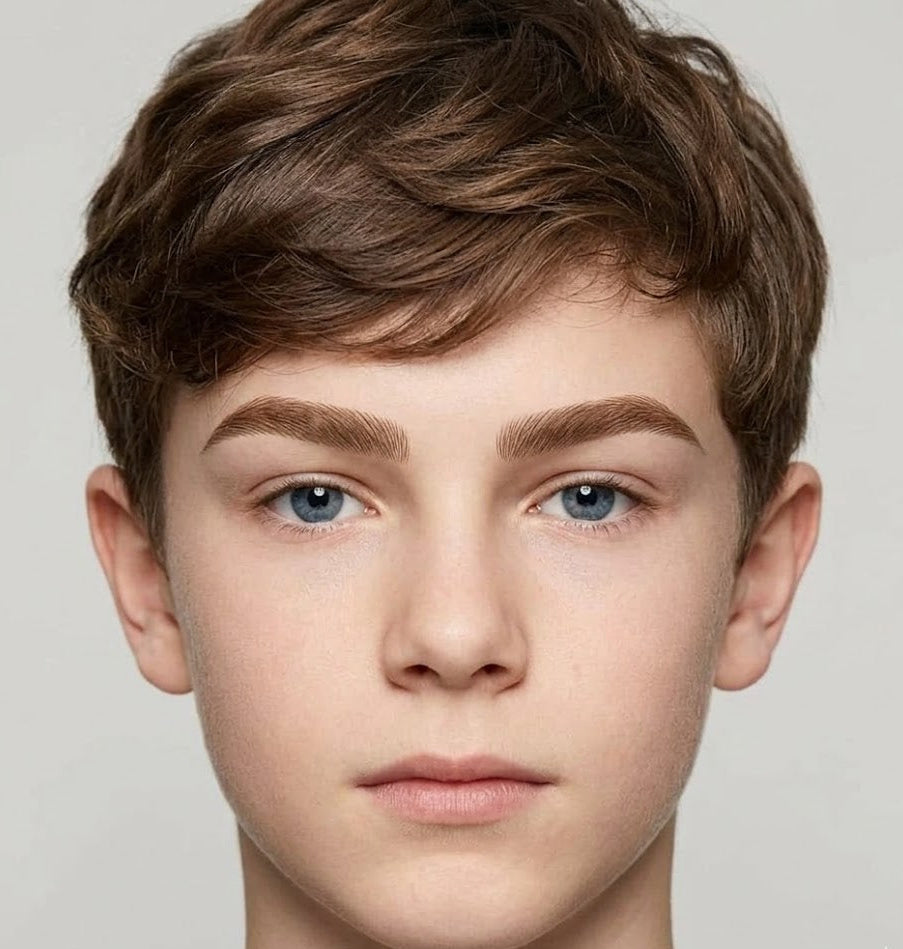 Close-up of a person with short brown hair on a plain background