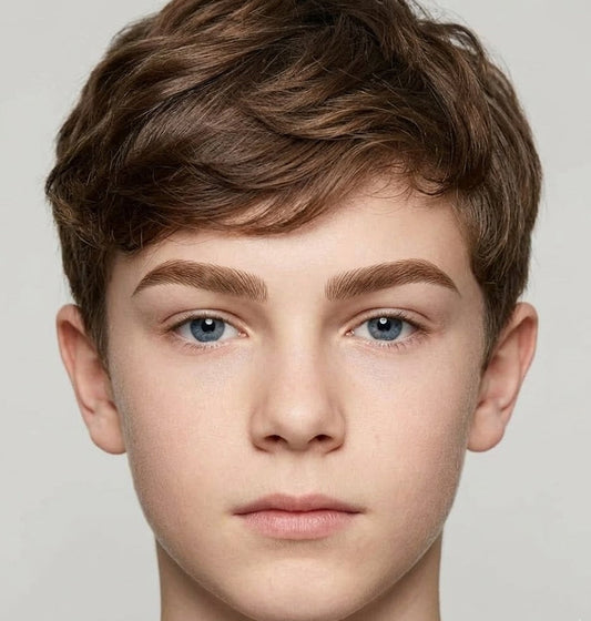 Close-up of a person with short brown hair on a plain background