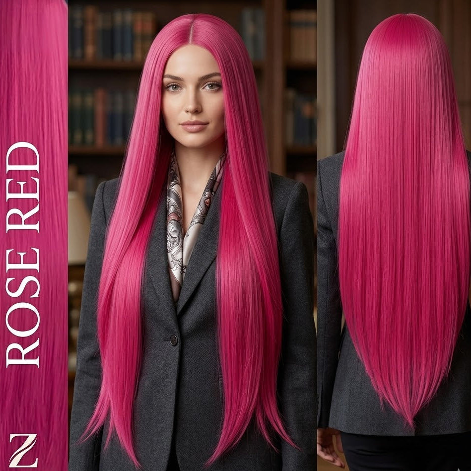 Peluca sintética lisa extralarga Rose Red de 38 pulgadas – Sin pegamento | Zebaish Wigs & Extension
