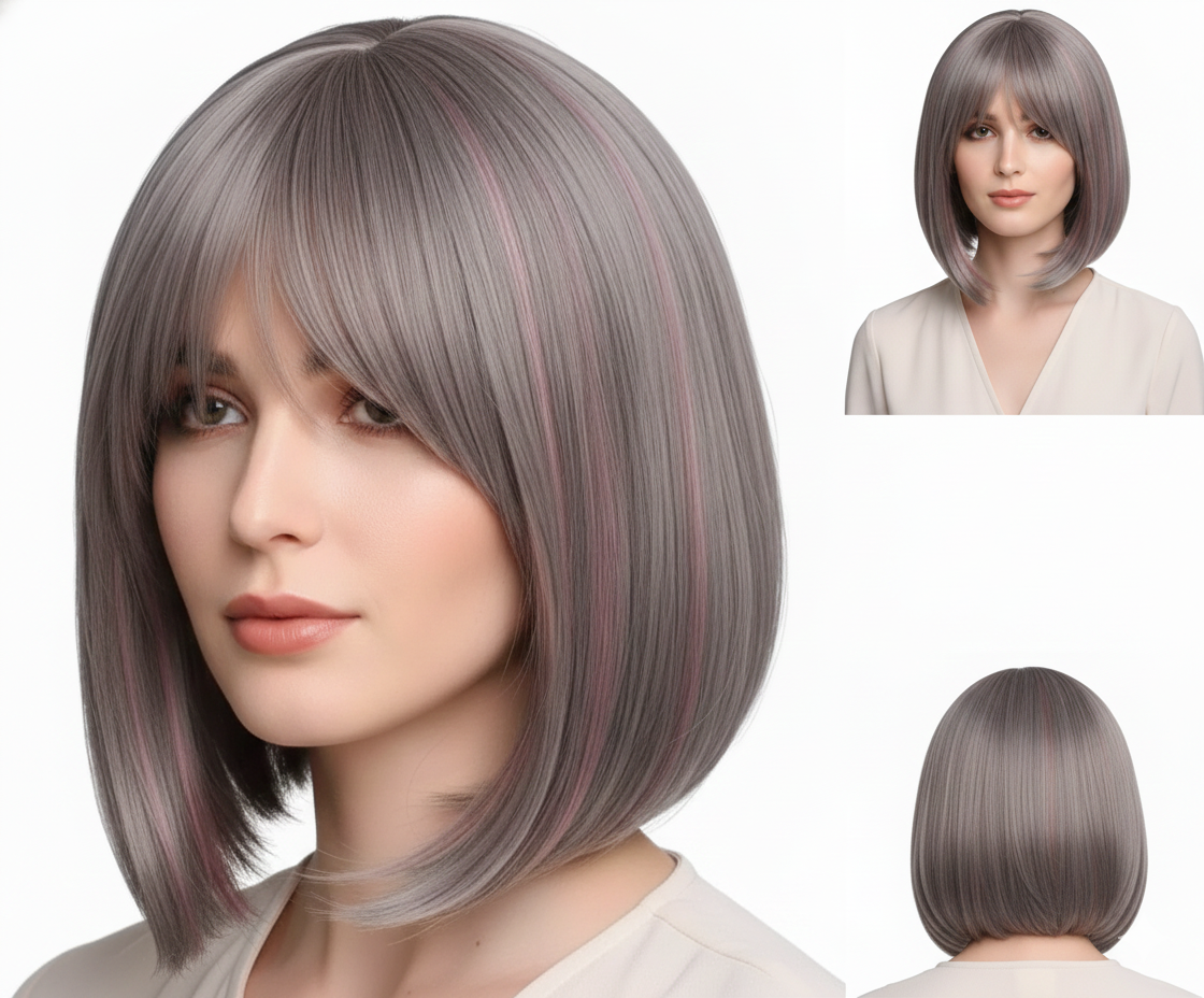 Platinum Blonde Wig with Dusty Pink Highlights 12" Long Synthetic Hair | Zebaish Wigs & Extensions