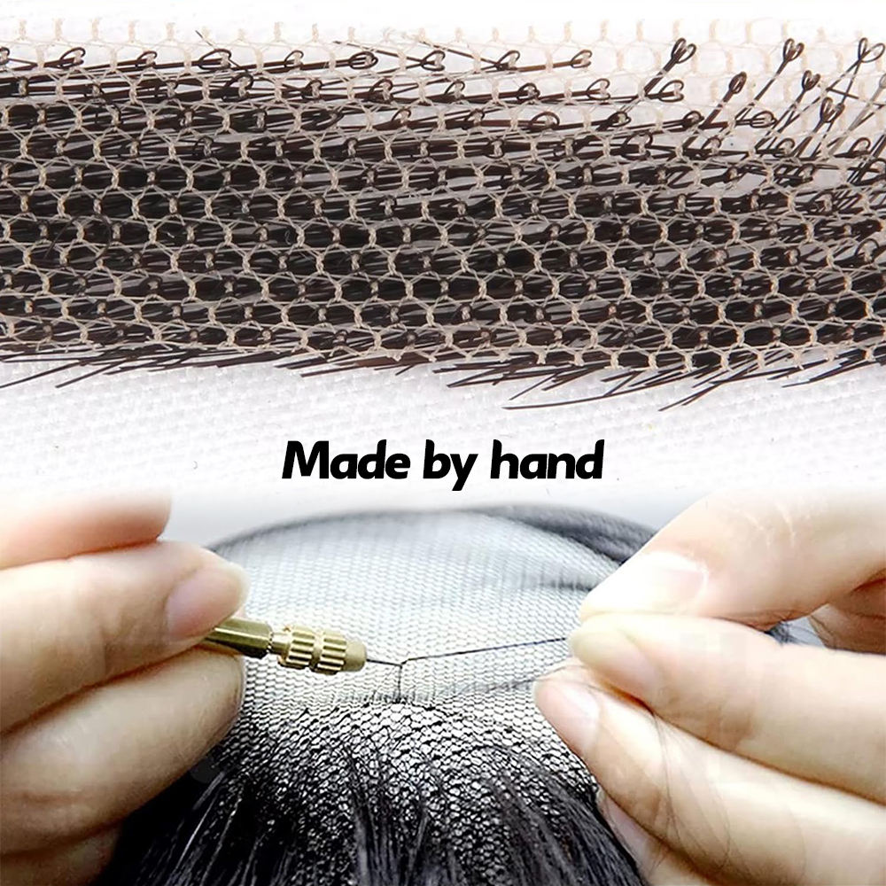Close-up of hands working with hair extensions and a needle, with 'Made by hand' text overlay.