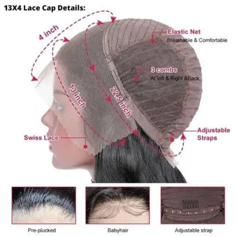 Lace cap with detailed measurements and features on a white background