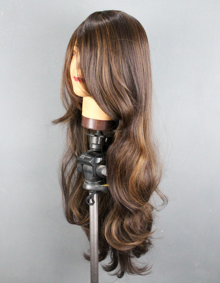 30 Inch Long Gold Highlights with Brown Wig - Zebaish Wigs and Extension