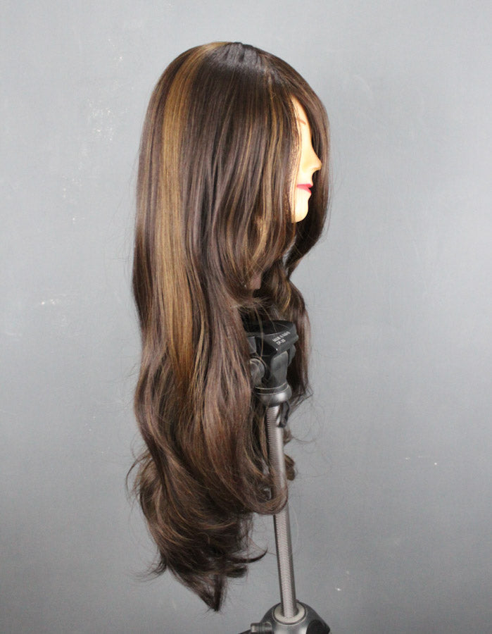 30 Inch Long Gold Highlights with Brown Wig