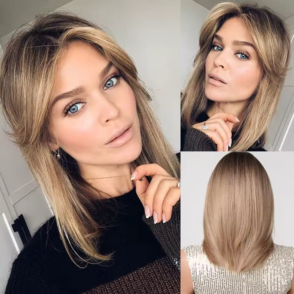 Collage of a woman with blonde hair in different styles.