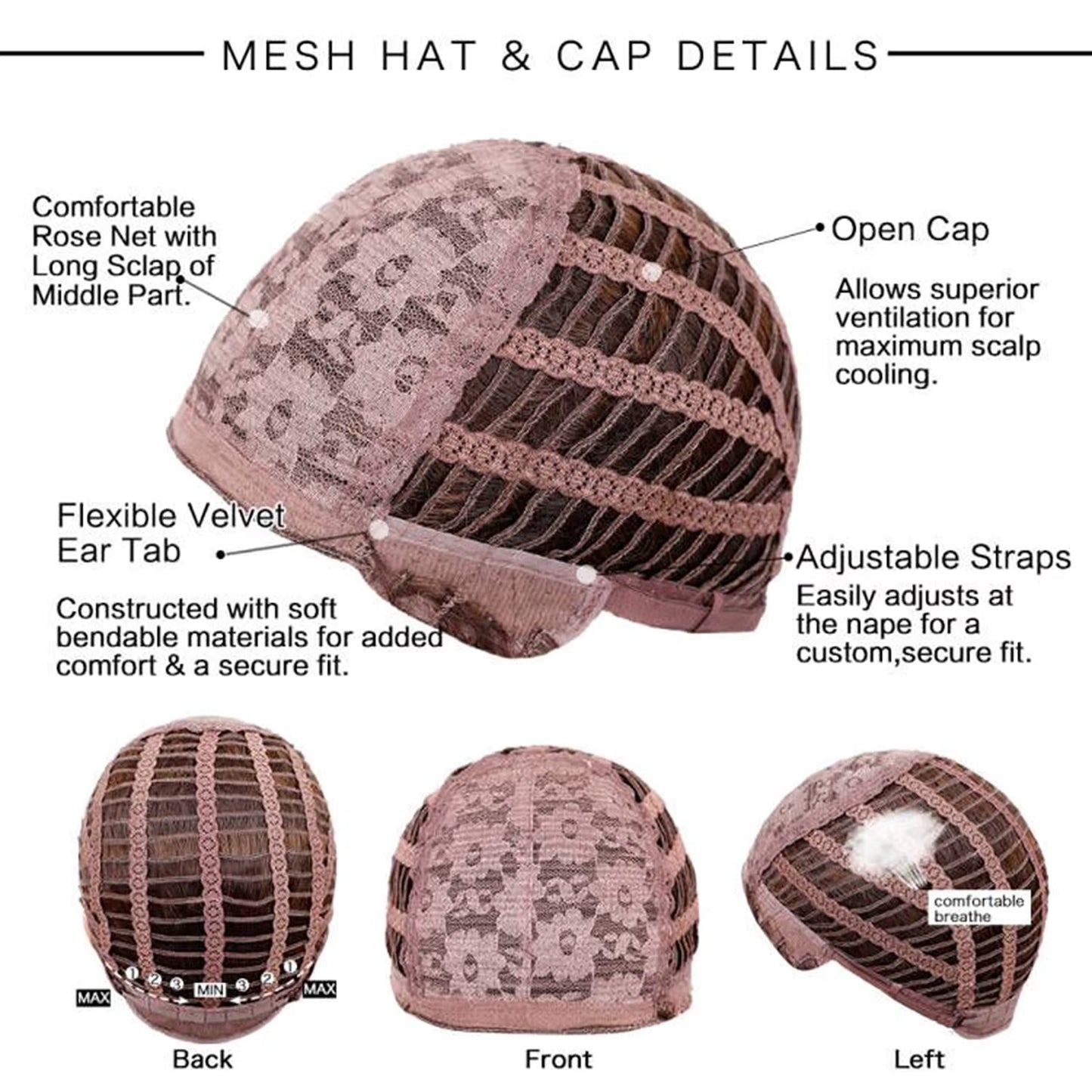 Mesh hat and cap with detailed features and labels on a white background