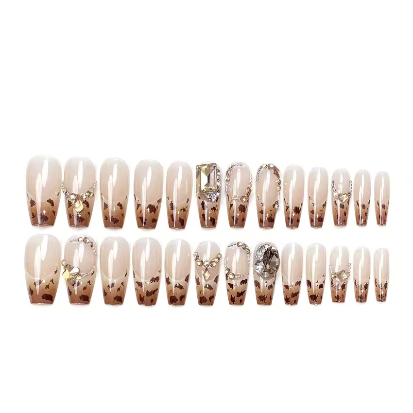 Leopard Pattern Fake Press On Nail Shiny Large Crystal French Wearable Spice Girls Fashion False Nails | Zebaish Wigs & Extensions