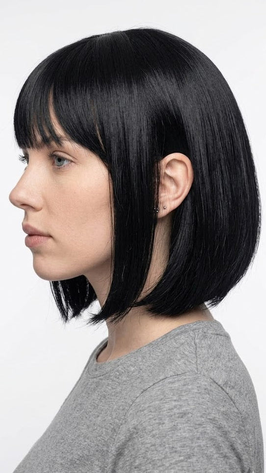 Peluca corta bob negra con flequillo | Peluca sintética recta sin pegamento de 14 pulgadas | Zebaish Wigs & Extension