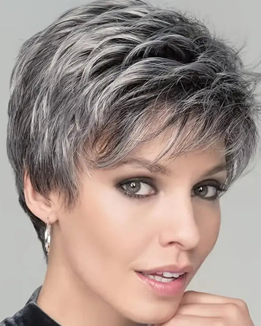 Zebaish Short Silver And Grey Wig With Bangs