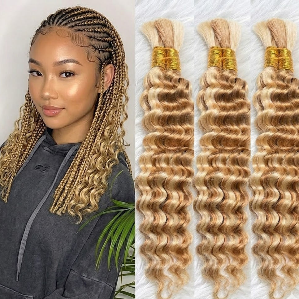 Ondas Profundas de Cabello Humano a Granel de 16 Pulgadas | Mix Rubio Miel (#27/613) | Paquete de 2 Manojos para Trenzas Bohemias y Estilos Sin Nudos | Zebaish Wigs & Extensions