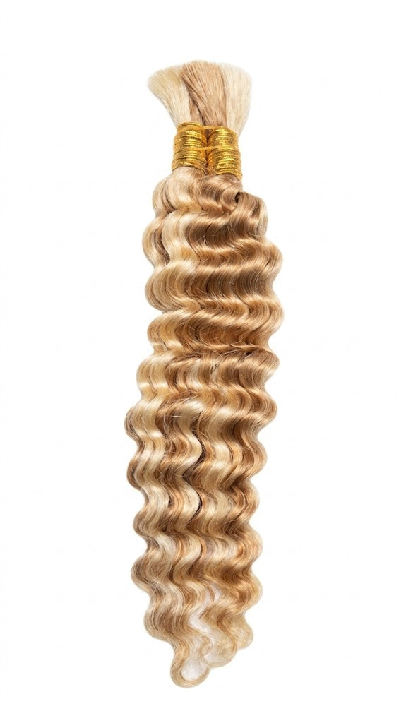 Ondas Profundas de Cabello Humano a Granel de 16 Pulgadas | Mix Rubio Miel (#27/613) | Paquete de 2 Manojos para Trenzas Bohemias y Estilos Sin Nudos | Zebaish Wigs & Extensions