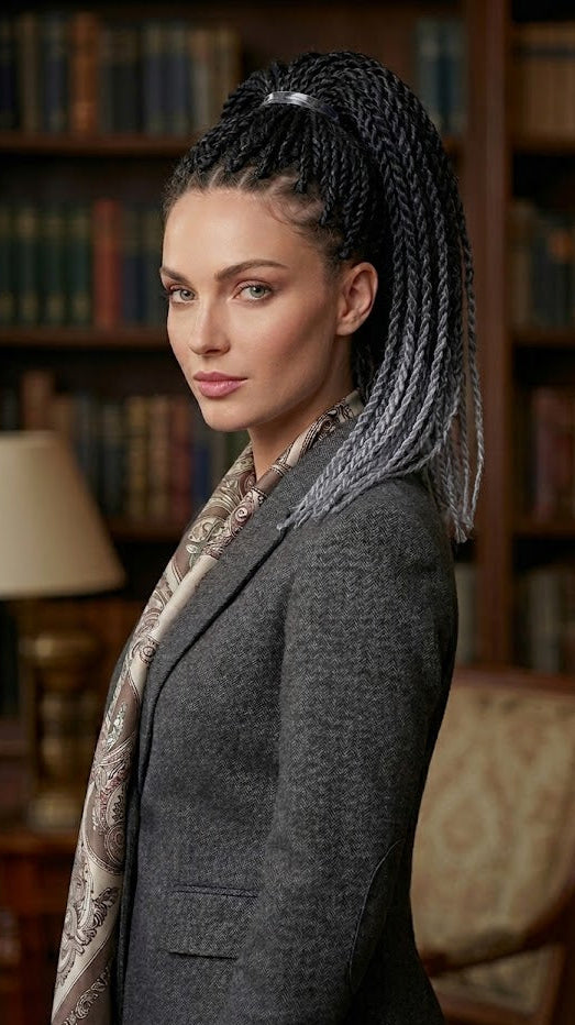 Cabello de ganchillo pre-bucle con cola de caballo en espiral, de negro a gris degradado con puntas rizadas | Pelucas y extensiones Zebaish