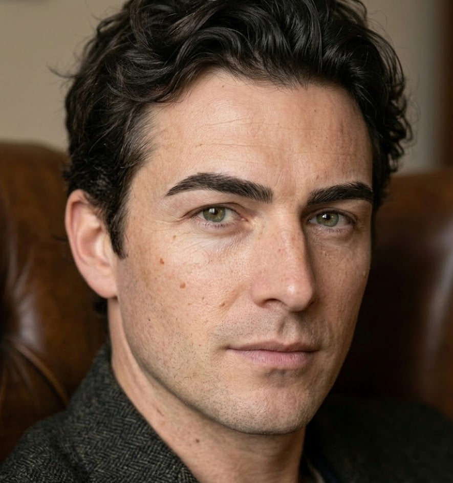 Close-up of a man with dark hair and green eyes, wearing a gray shirt.