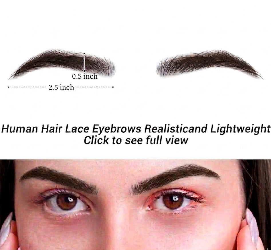 Human hair lace eyebrows with measurements and a woman wearing them.