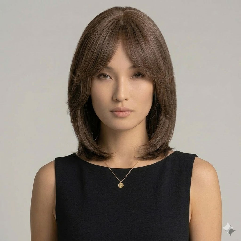 Woman with shoulder-length brown hair wearing a black top against a plain background