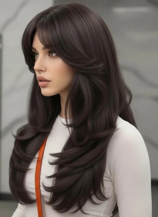 Woman with long dark brown hair styled with bangs, wearing a white top.