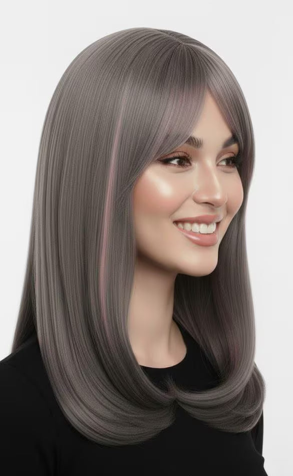 Platinum Blonde Wig with Dusty Pink Highlights 16" Long Synthetic Hair | Zebaish Wigs & Extensions