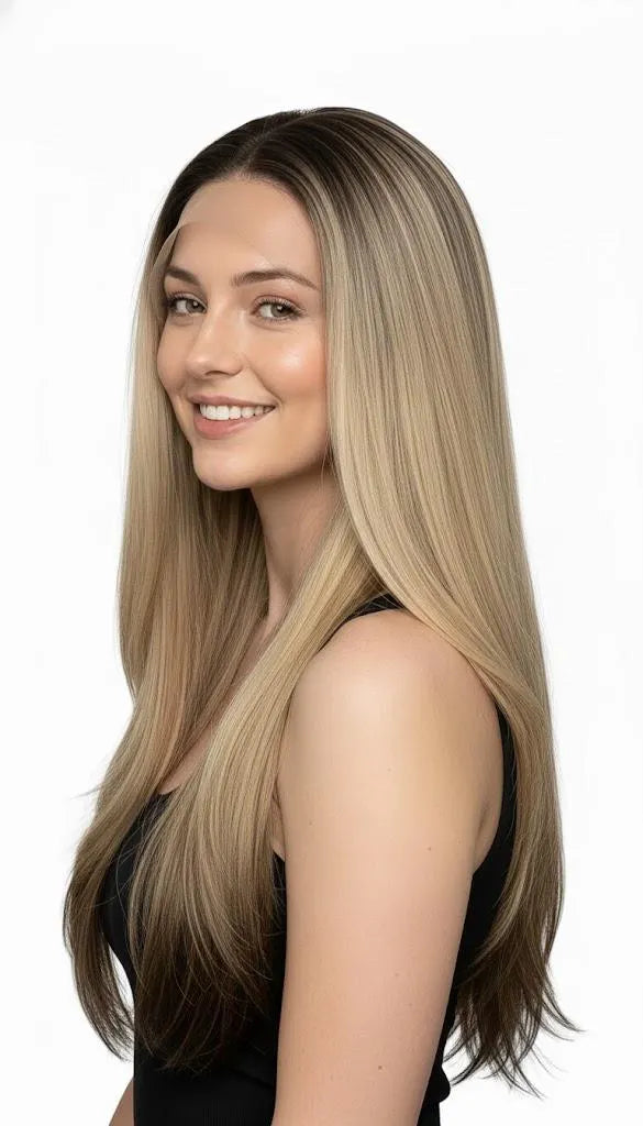 Woman with long, straight hair on a white background