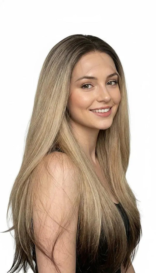 Woman with long, straight hair on a white background