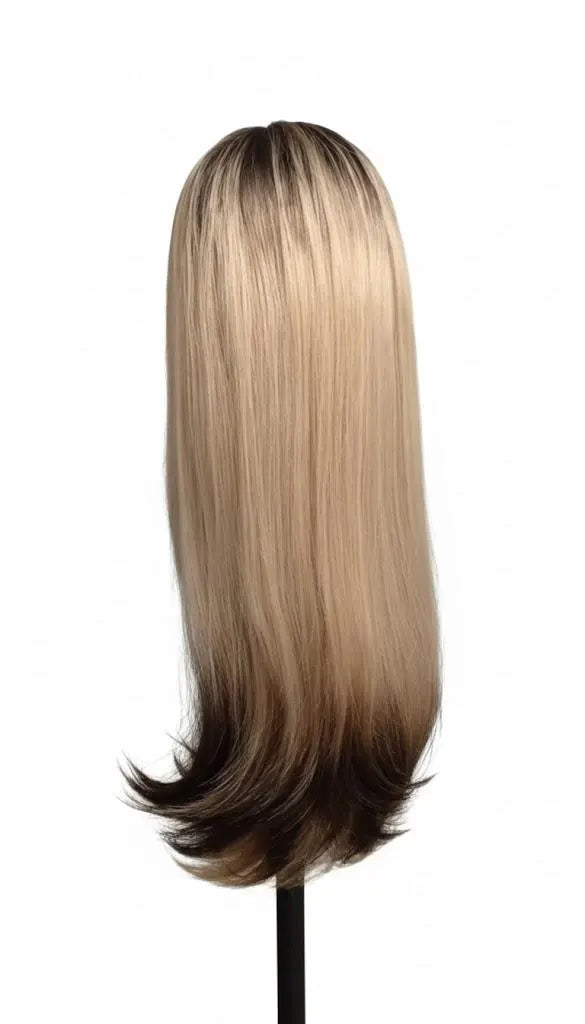 Mannequin head with long, straight hair transitioning from black to blonde on a white background