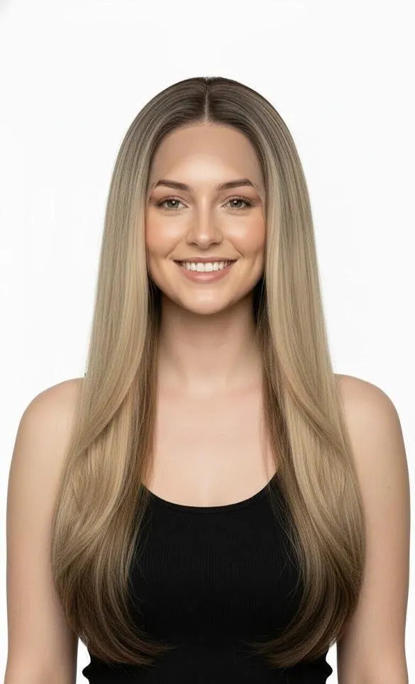 Woman with long, straight, blonde hair on a white background